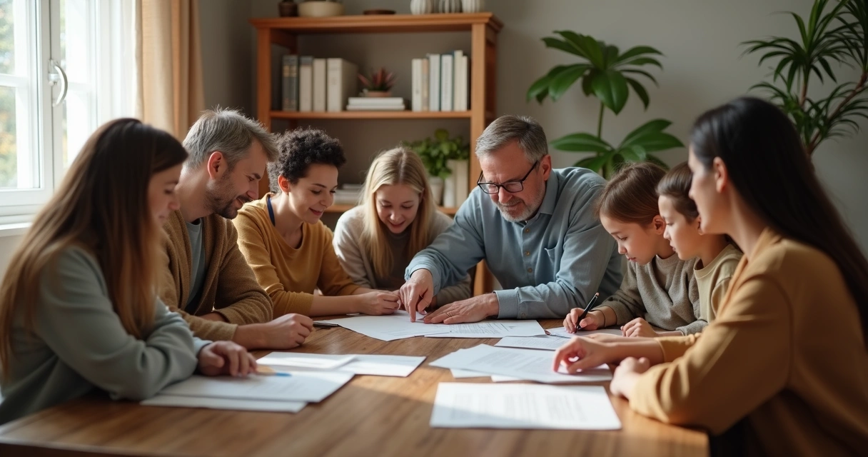 Família reunida à mesa revisando documentos legais e contratos de inventário 