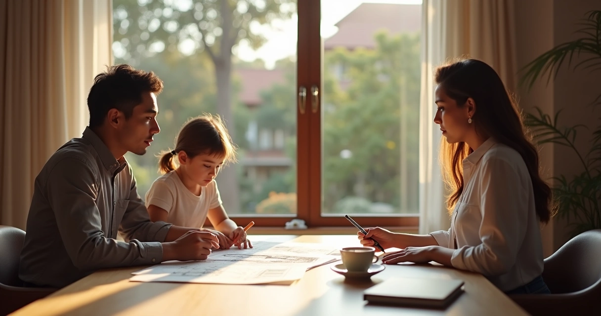 Família analisando documentos com corretor em sala de imóvel em Campinas 