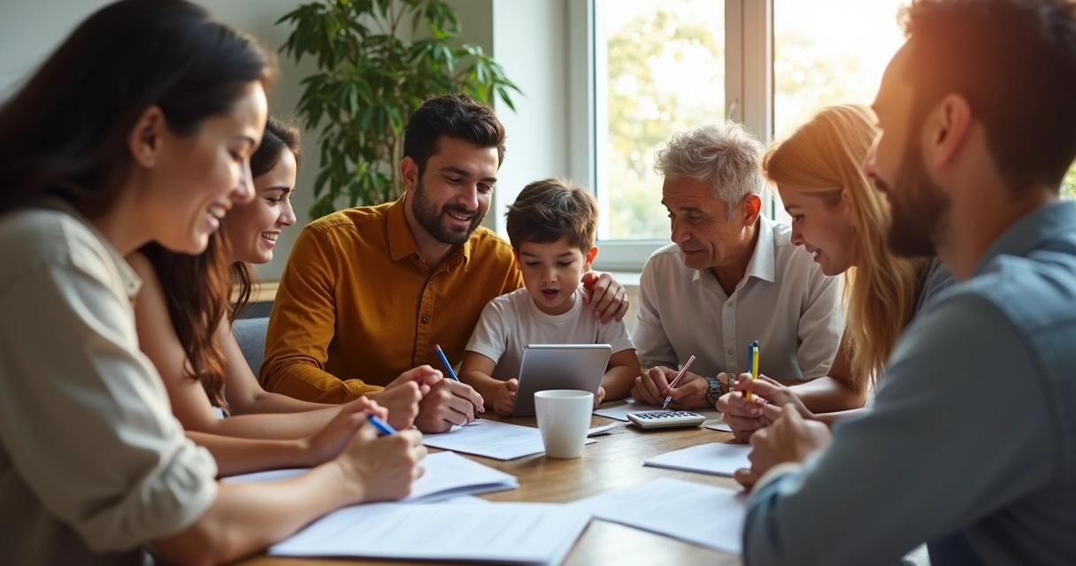 Família analisando investimento em franquia junto a mesa 