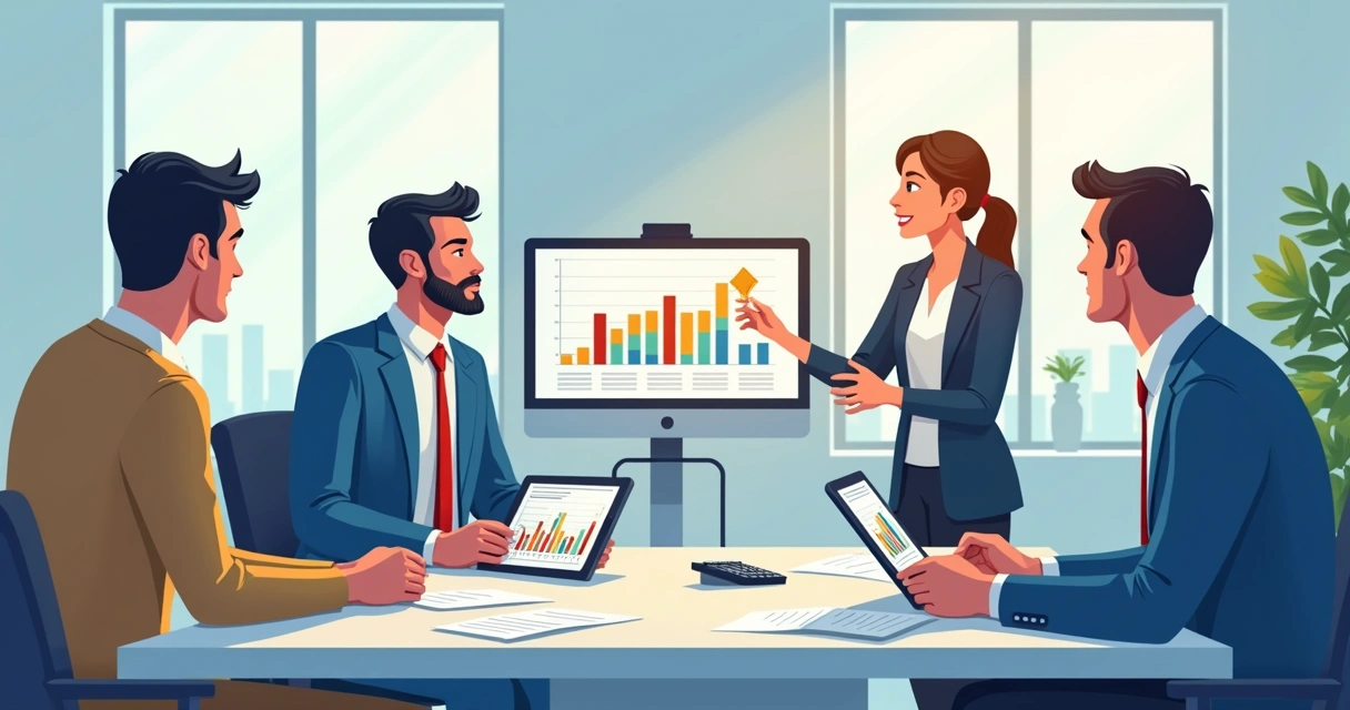 Pessoas analisando gráficos de investimentos em escritório moderno 