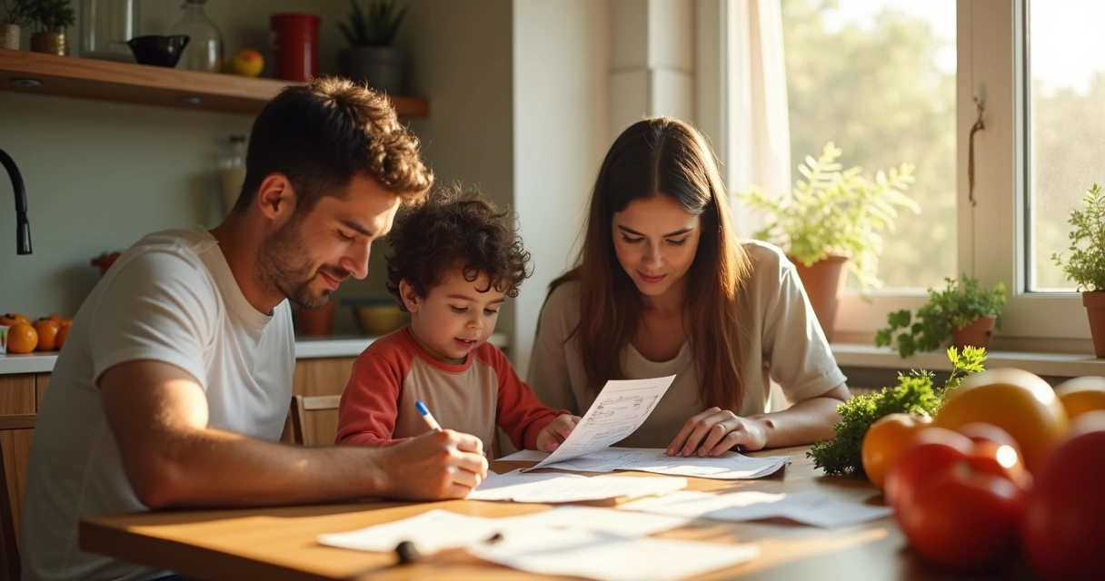 Família sentada na mesa analisando lista de compras para o mês. 