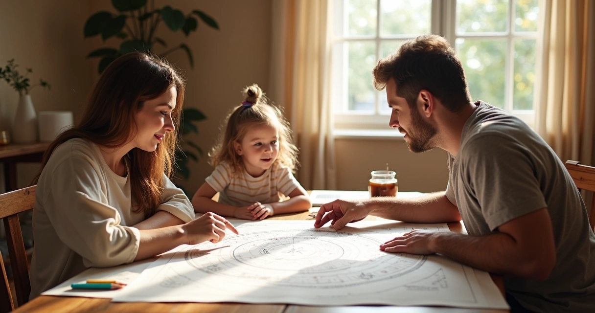 Família reunida analisando mapa astral infantil impresso 