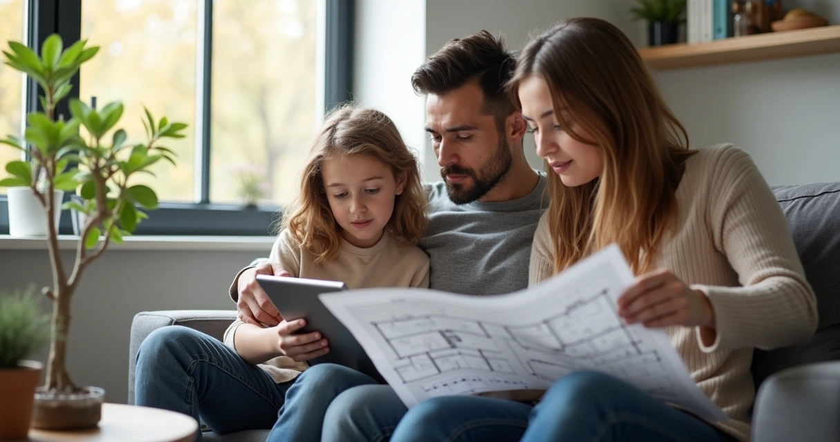 Família sentada no sofá analisando opções de compra de imóvel no tablet