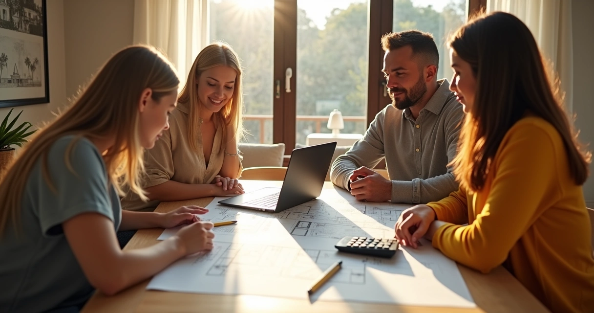 Família sentada analisando um projeto de casa na mesa 
