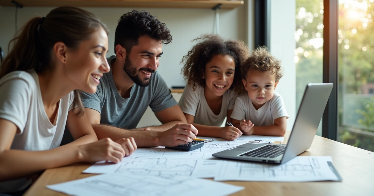 Família analisando planos de construção e contrato de financiamento.