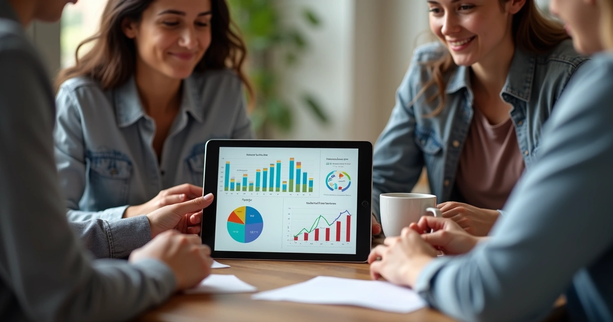 Família analisando juntos gráficos e relatórios financeiros digitais 