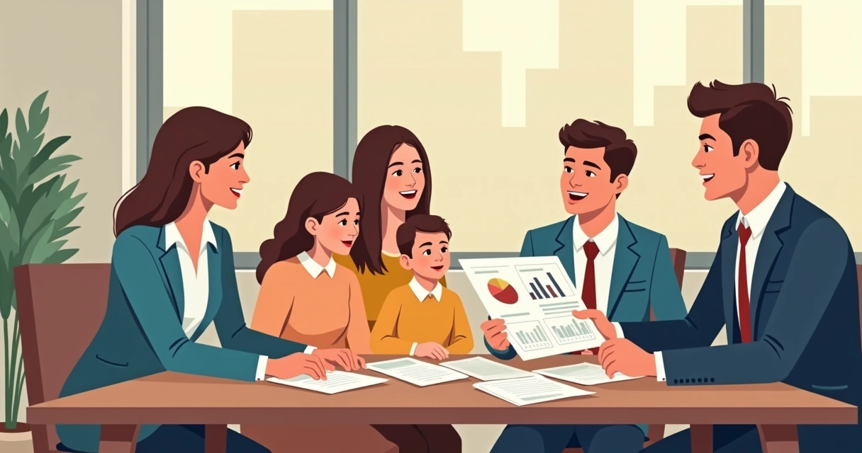 Família analisando planilhas de patrimônio junto a consultor em escritório moderno 