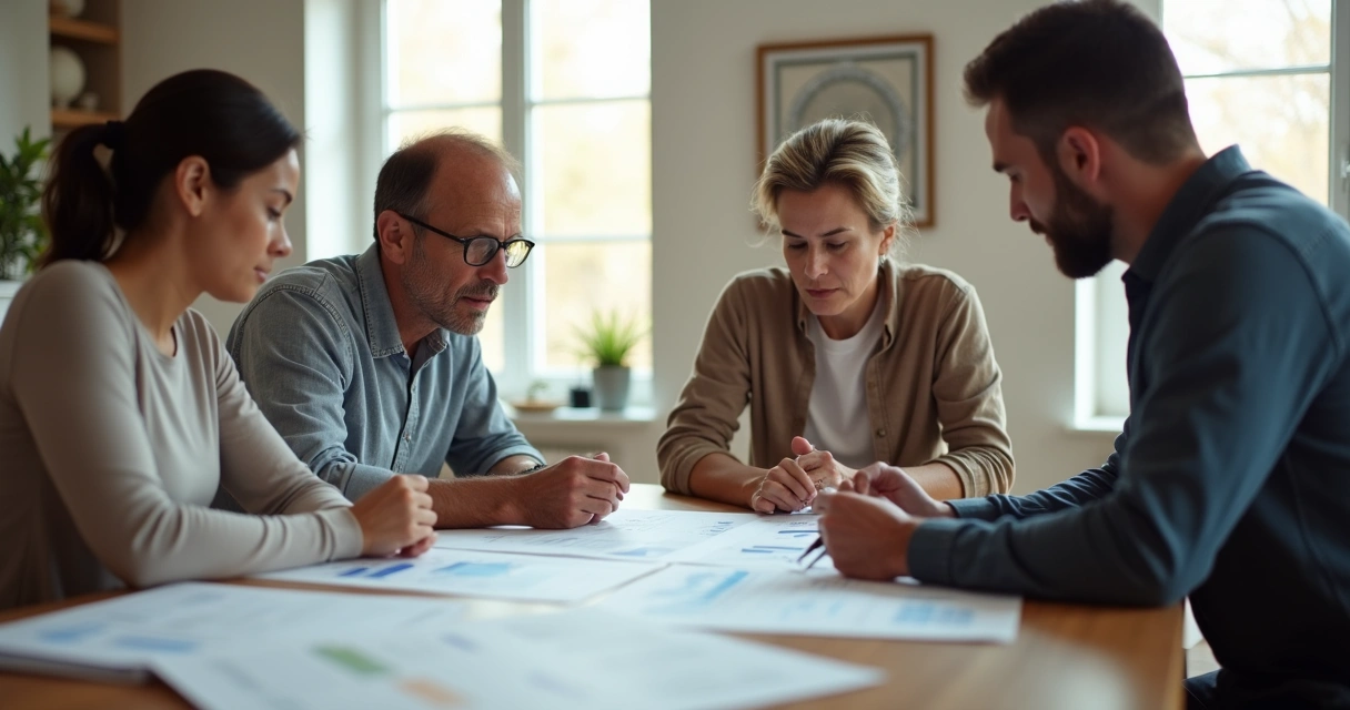 Família reunida ao redor de uma mesa analisando documentos de planejamento 