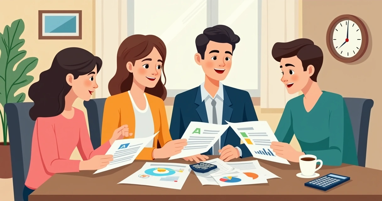Família analisando documentos e gráficos de seguro de vida juntos na mesa 