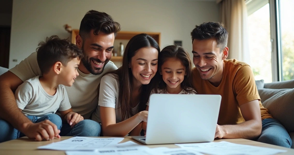 Família sentada em sala, analisando simulação de financiamento no notebook 