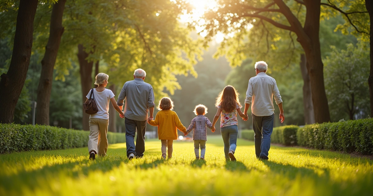 Grupo de pessoas de diferentes idades caminhando juntos em jardim verde 