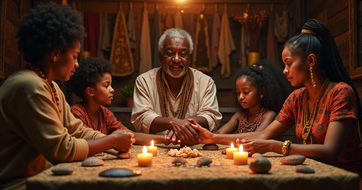 Família reunida ao redor de altar, demonstrando conexão com a ancestralidade 