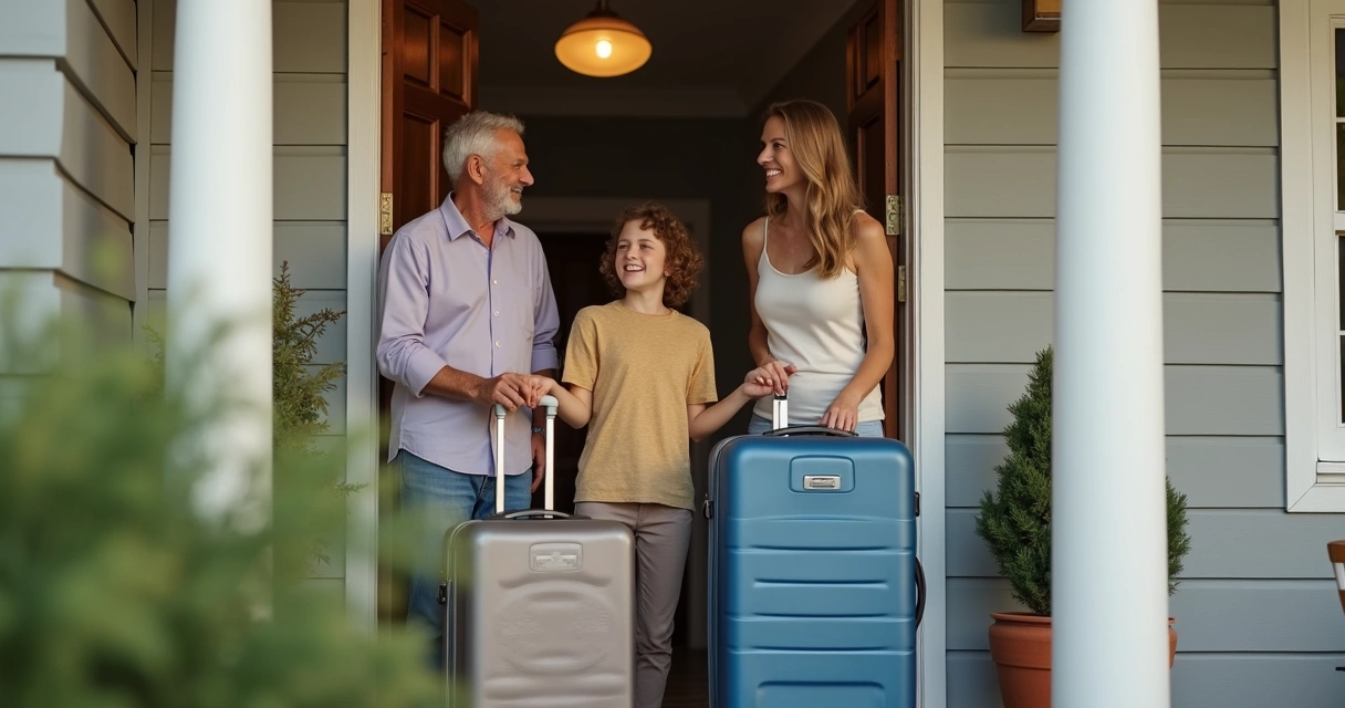 Família anfitriã recebendo intercambista com mala na porta de casa