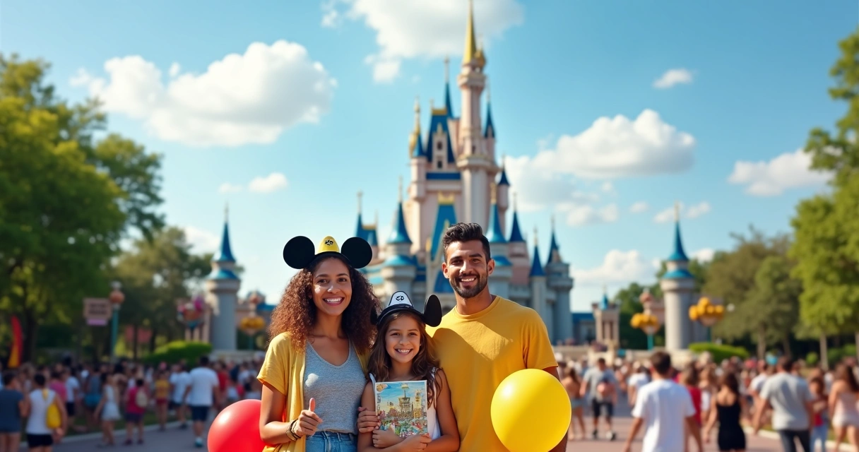 Família brasileira sorridente com crianças felizes visitando parque da Disney em dia ensolarado 