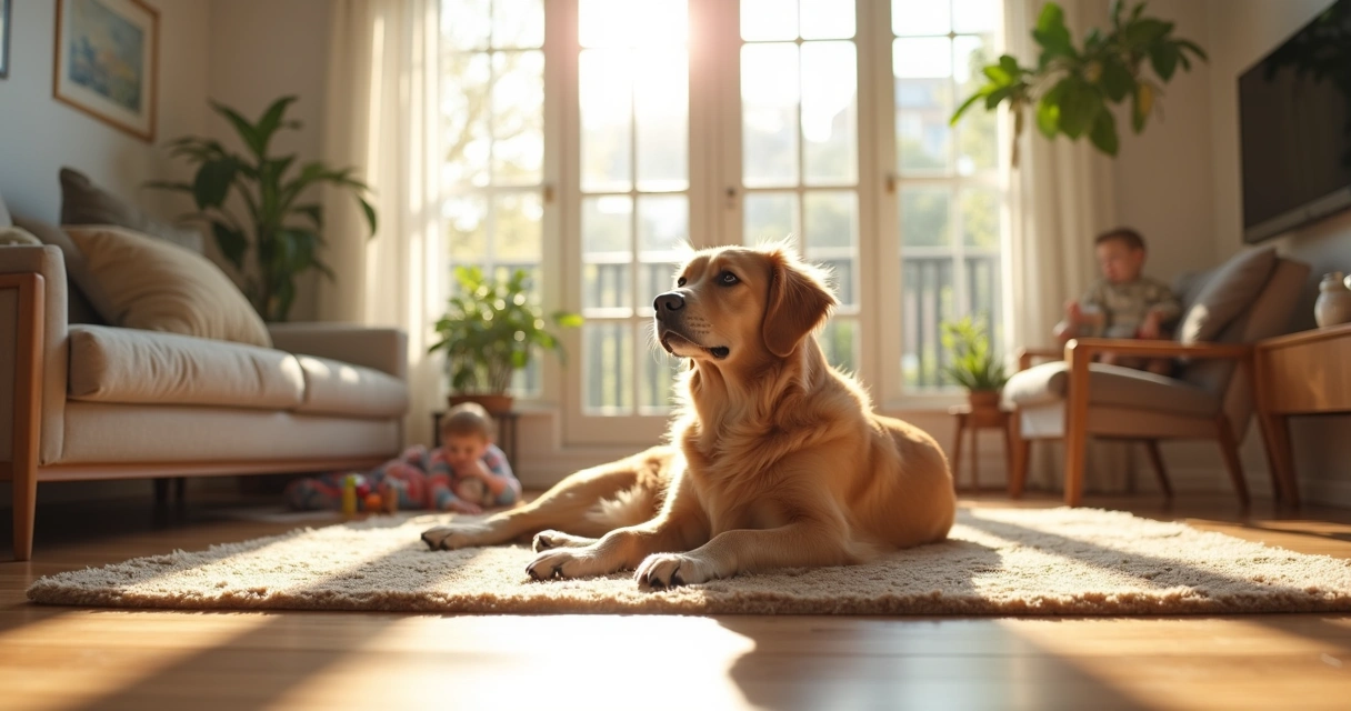 Família em apartamento com cachorro deitado no tapete 