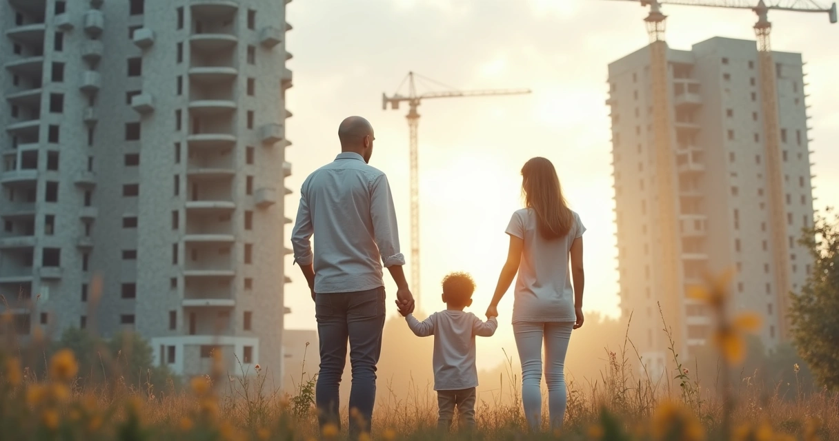 Família observando obra de imóvel atrasada. 