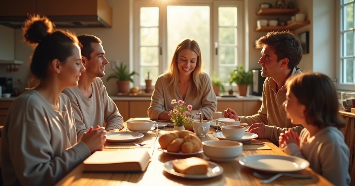 Família reunida ao redor da mesa devocional 