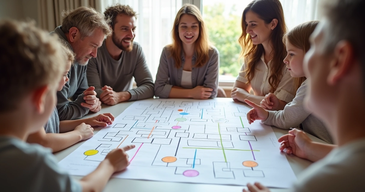 Família reunida ao redor de uma representação de genograma desenhado em grande folha