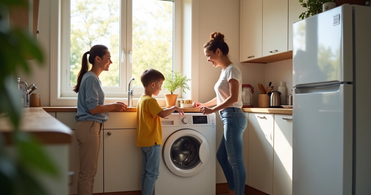 Família feliz ao redor de eletrodoméstico funcionando 