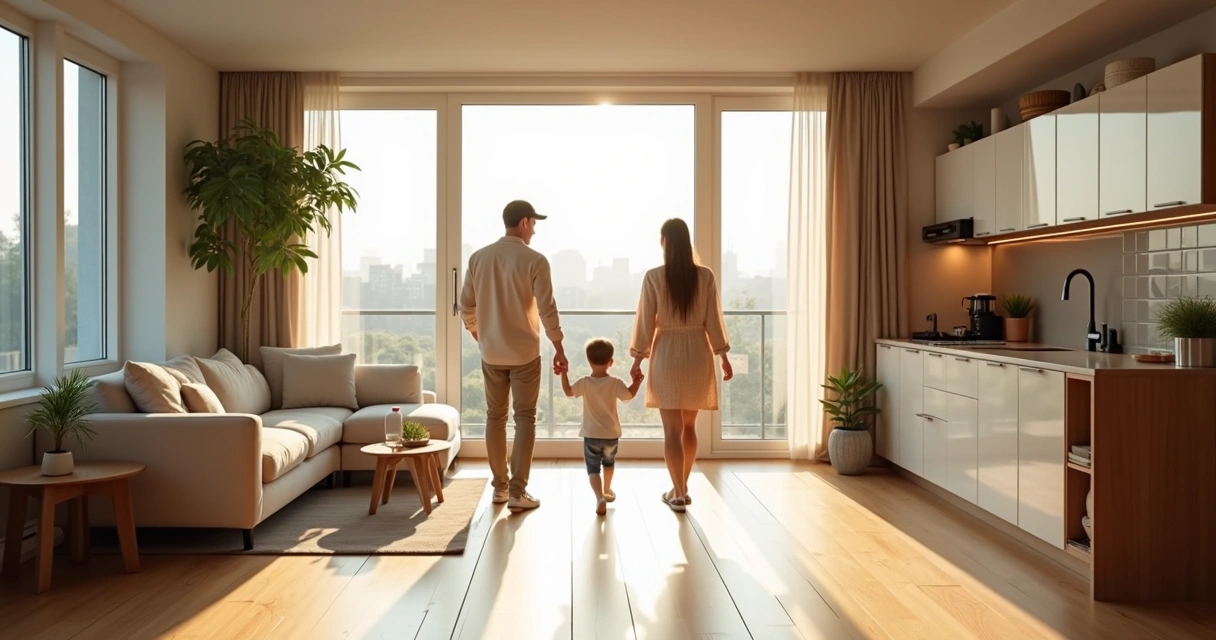 Família caminhando em um apartamento iluminado 