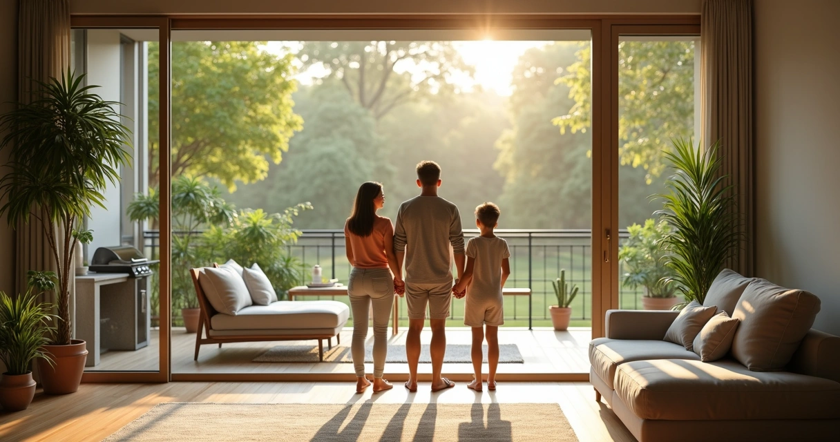 Família sorridente em sala de apartamento moderno com varanda e plantas 