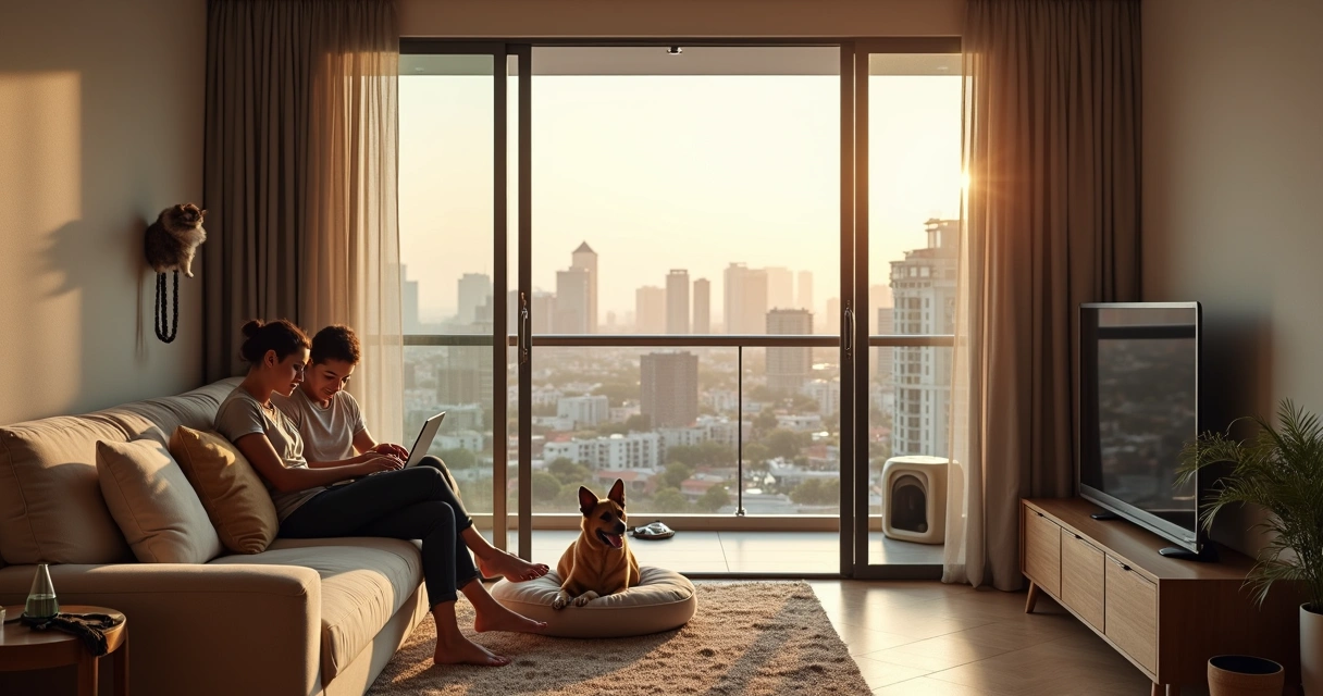 Família com cachorro e gato em varanda de apartamento moderno 