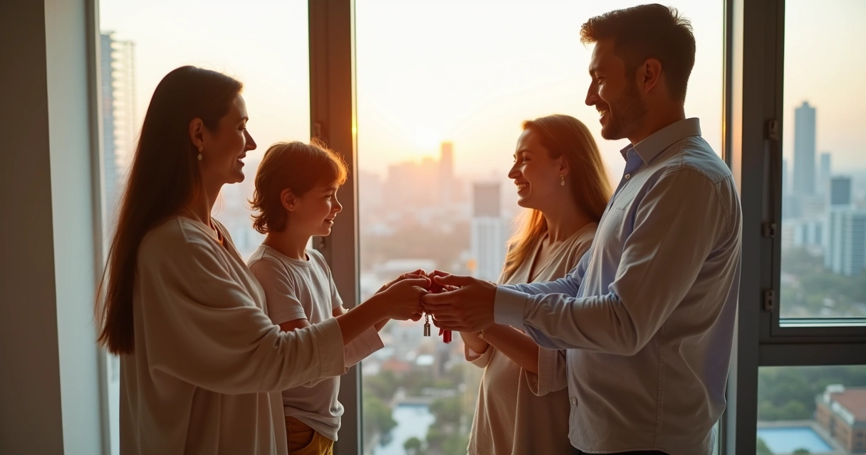Família recebendo chaves do apartamento novo 