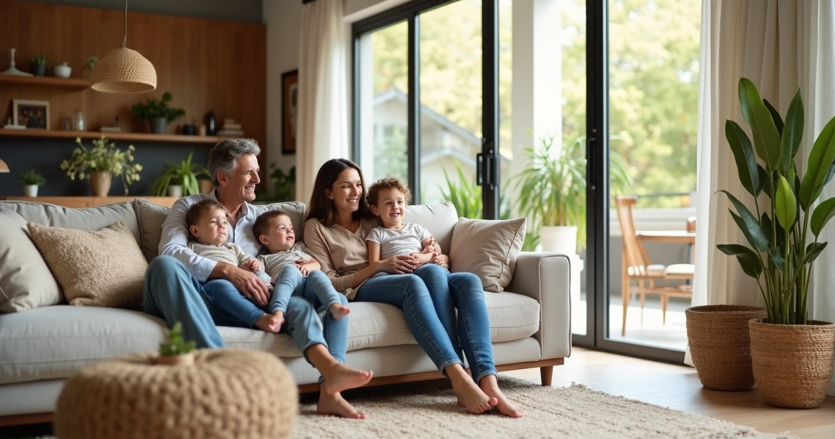 Família reunida em sala de apartamento em Jurerê decorada com elementos naturais 