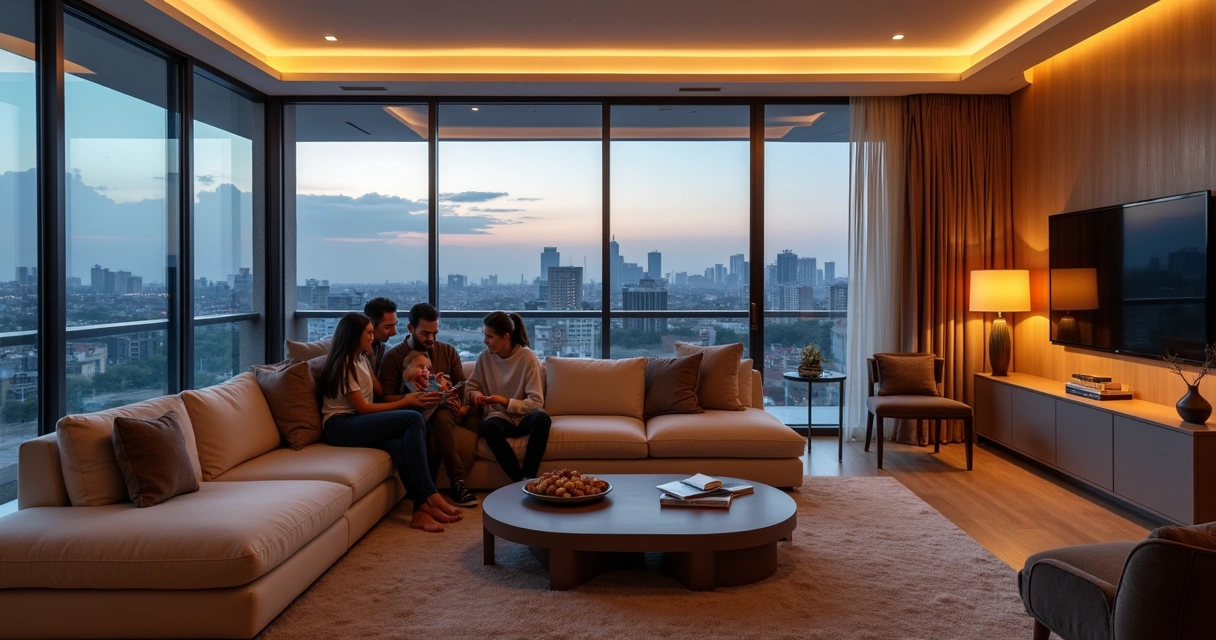 Família em sala de apartamento luxuoso em Porto Alegre 