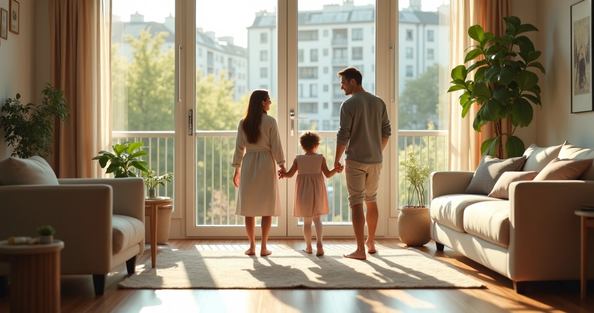 Família visitando apartamento iluminado e moderno 