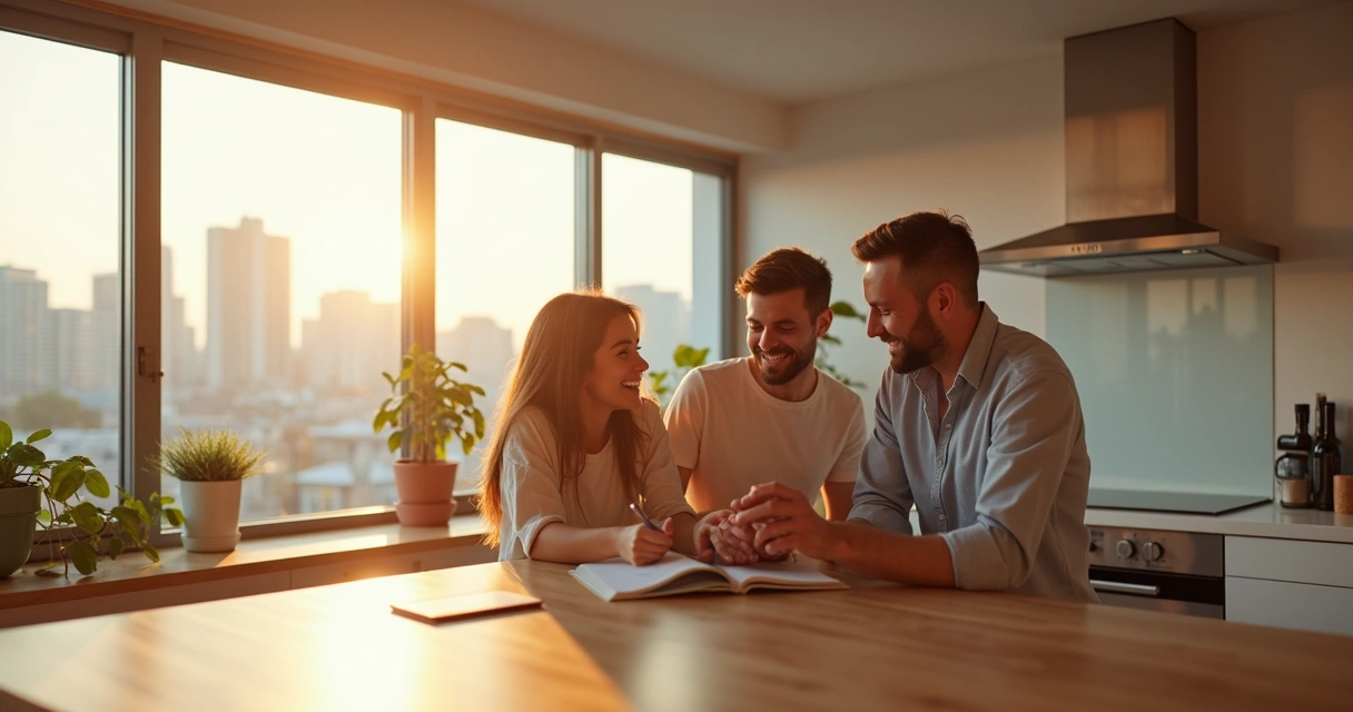 Família em apartamento bem iluminado com móveis modernos 