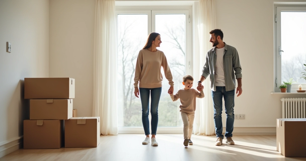 Família caminhando feliz em apartamento novo 