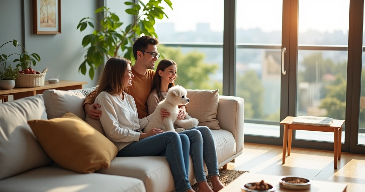 Família e cão pequeno em apartamento moderno com área pet interna. 