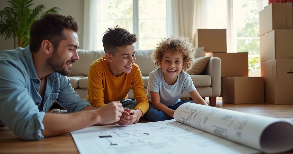 Família jovem analisando planta de apartamento juntos na sala 