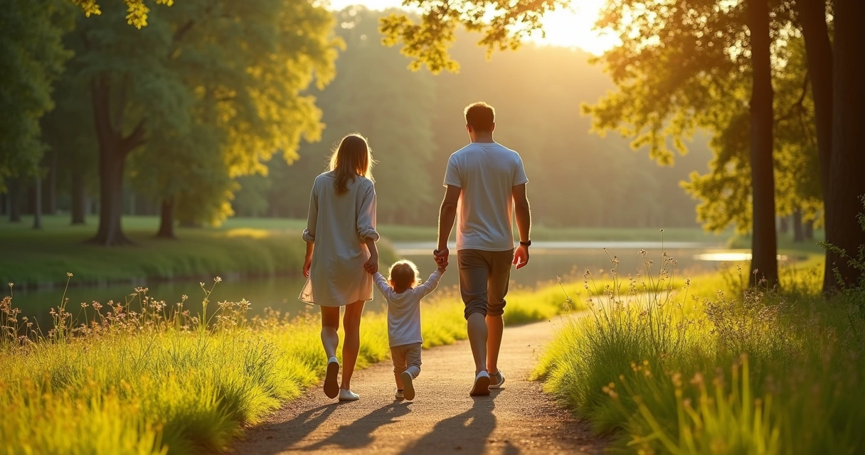 Familia camina tomada de la mano por un sendero en un parque luminoso 