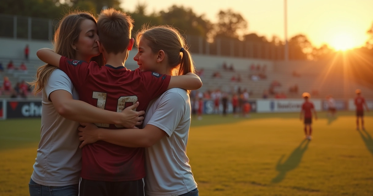 Família abraçando jovem atleta após jogo de futebol 