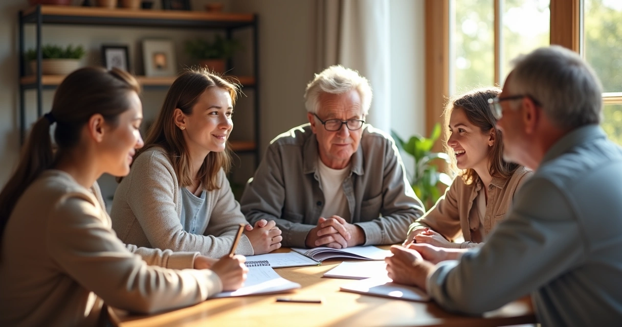 Família reunida em volta de uma mesa orientando uma jovem sobre o futuro profissional 