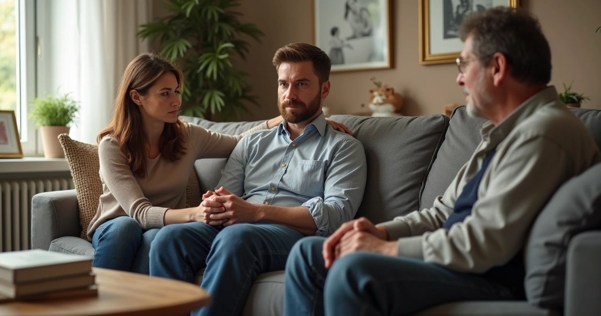 Família reunida ao redor de um homem sentado em uma sala, mostrando apoio com gestos de carinho e preocupação 