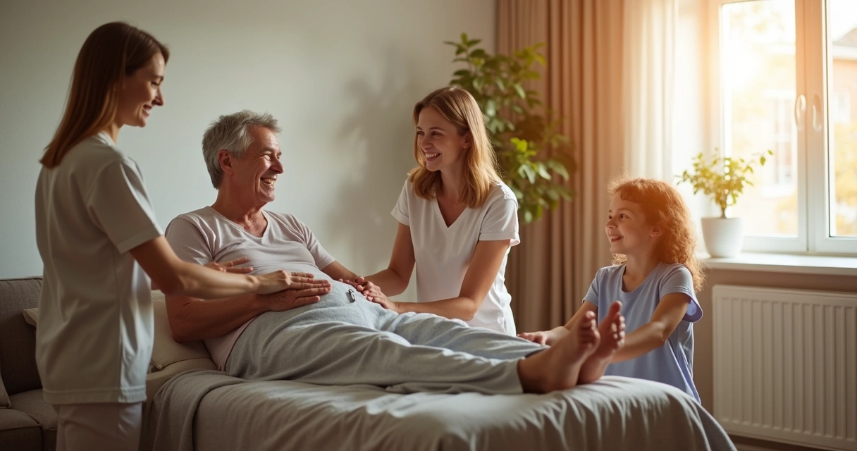 Família auxiliando paciente em exercícios de reabilitação em casa 