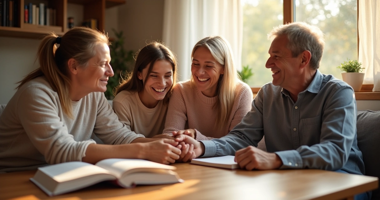 Família apoiando pessoa com deficiência visual na sala de casa 