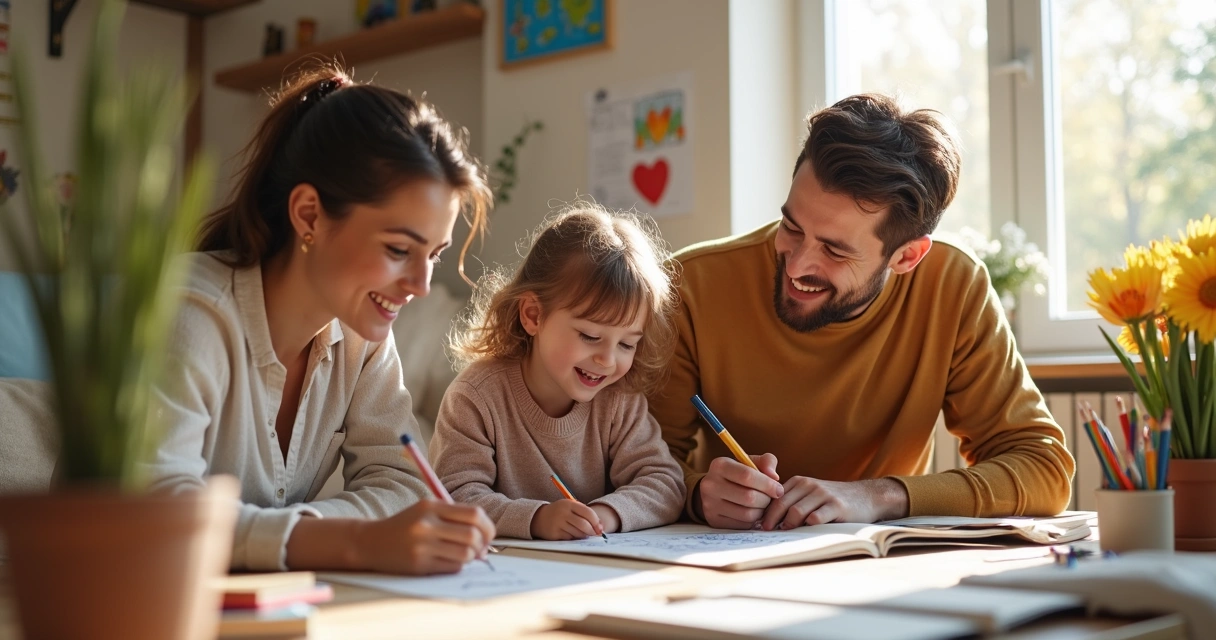 Família apoiando criança em ambiente educativo acolhedor 