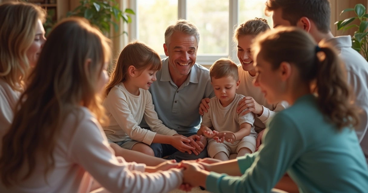 Família sentada em círculo se apoiando emocionalmente 