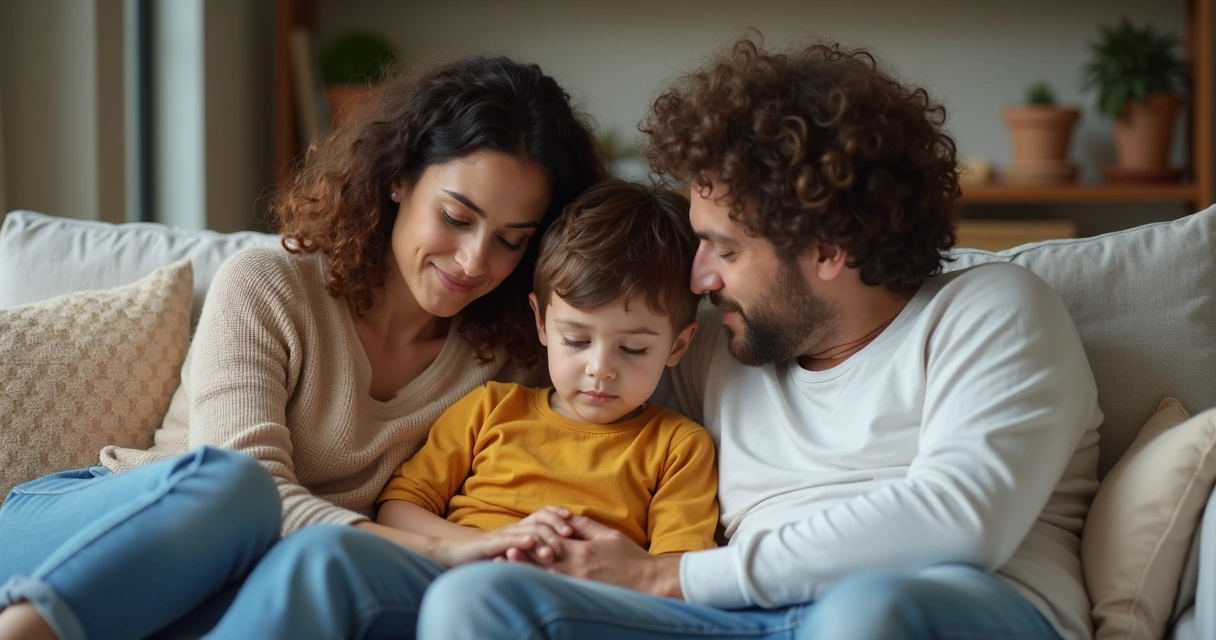 Família reunida prestando apoio a criança após crise. 