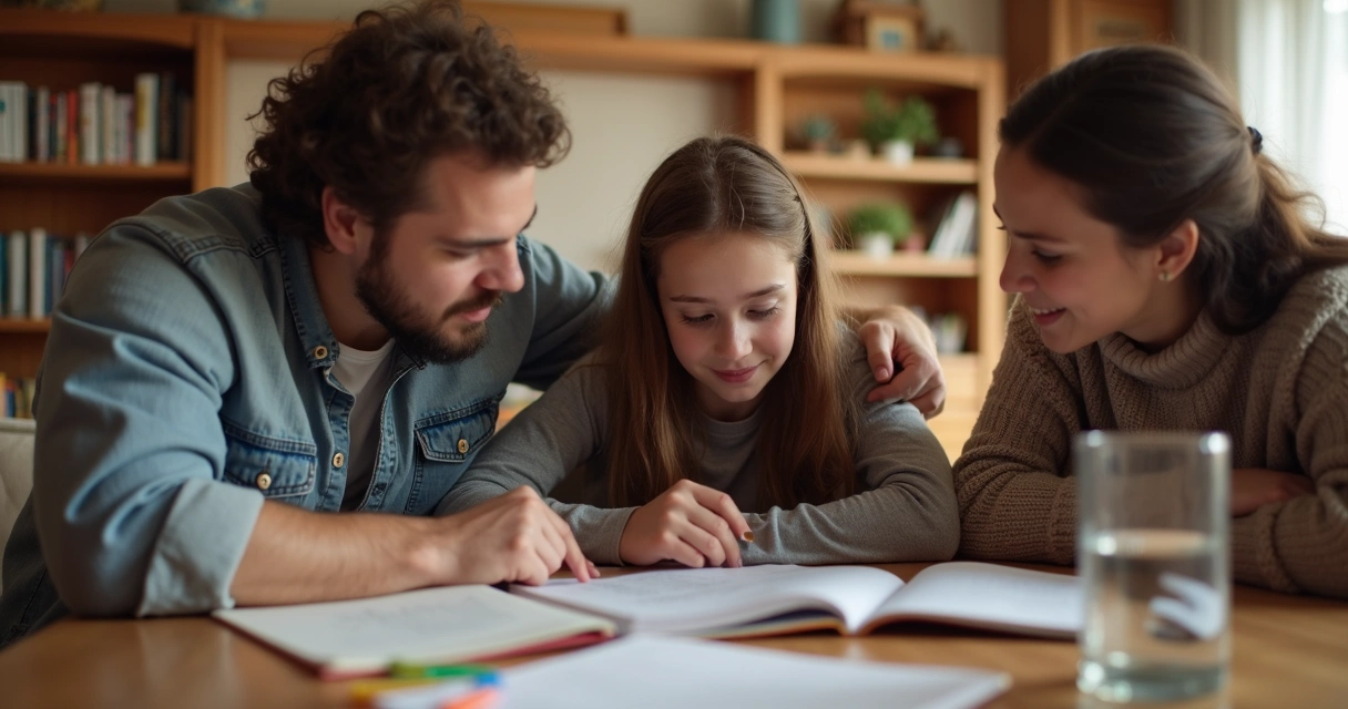 Família sentada à mesa com estudante revisando apostilas