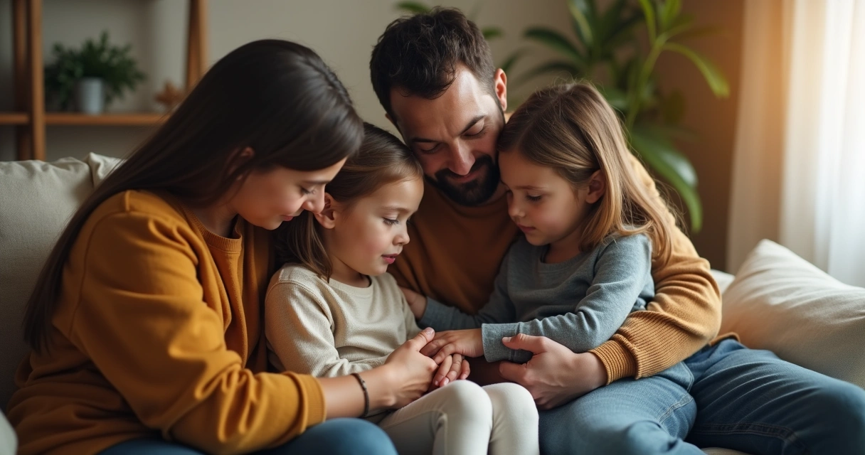Grupo familiar em um abraço de apoio em uma sala com tons suaves e luz aconchegante. 