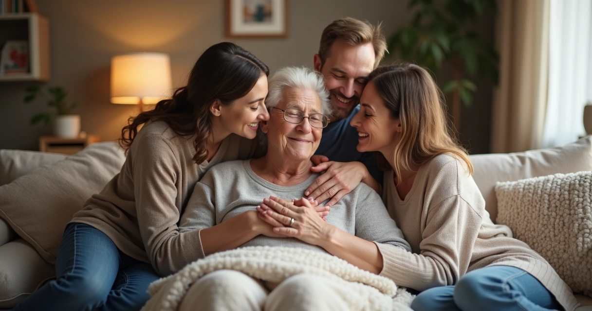 Família unida ao redor de paciente, em ambiente acolhedor. 