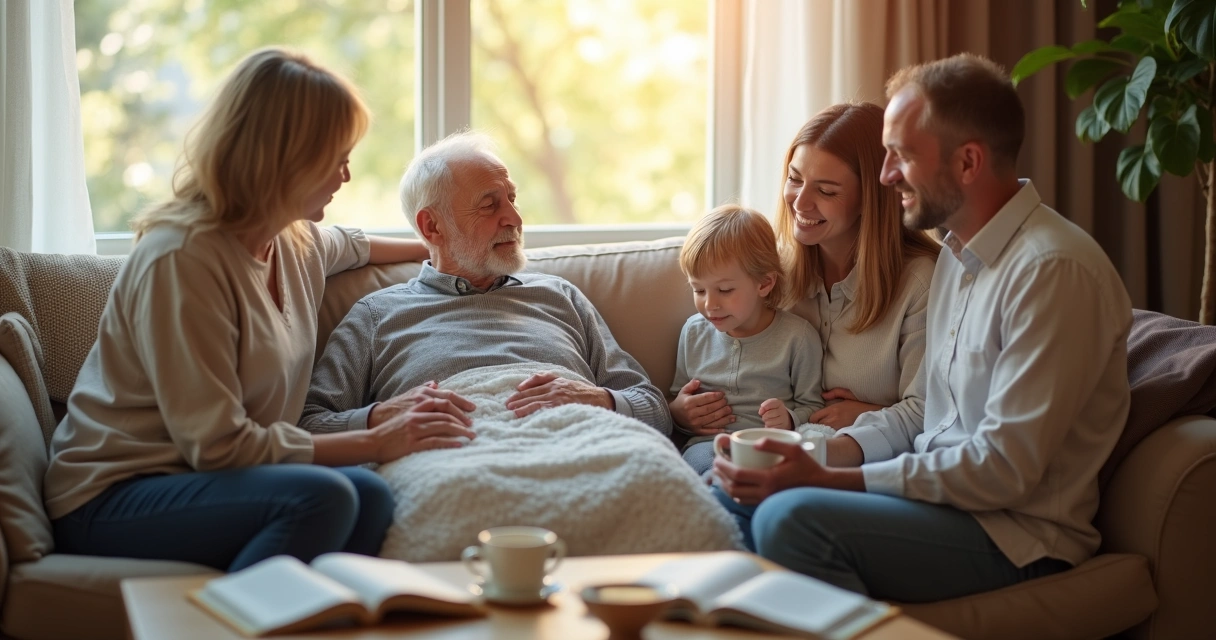 Família apoia paciente em recuperação cirúrgica em casa confortável 
