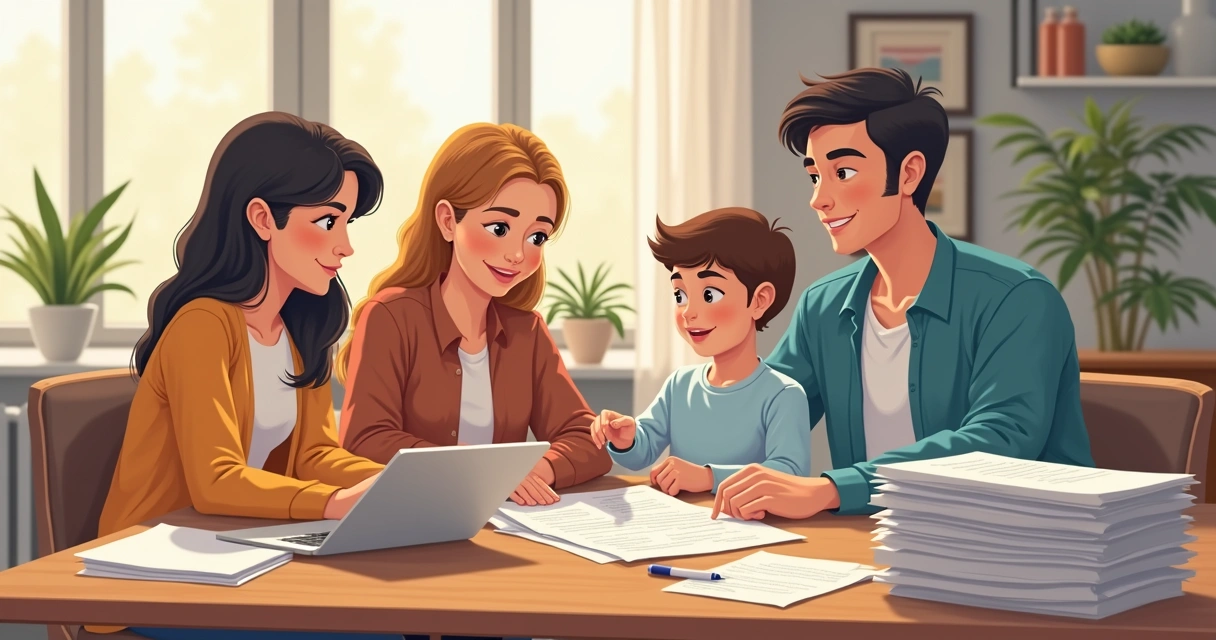 Família reunida ao redor de uma mesa com documentos e computador