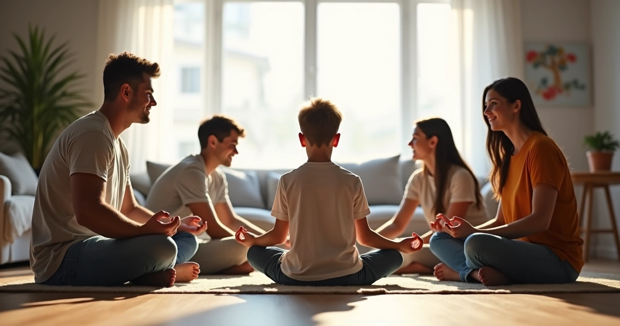 Familia apoyando a adolescente en práctica de meditación sentado en sala de estar 