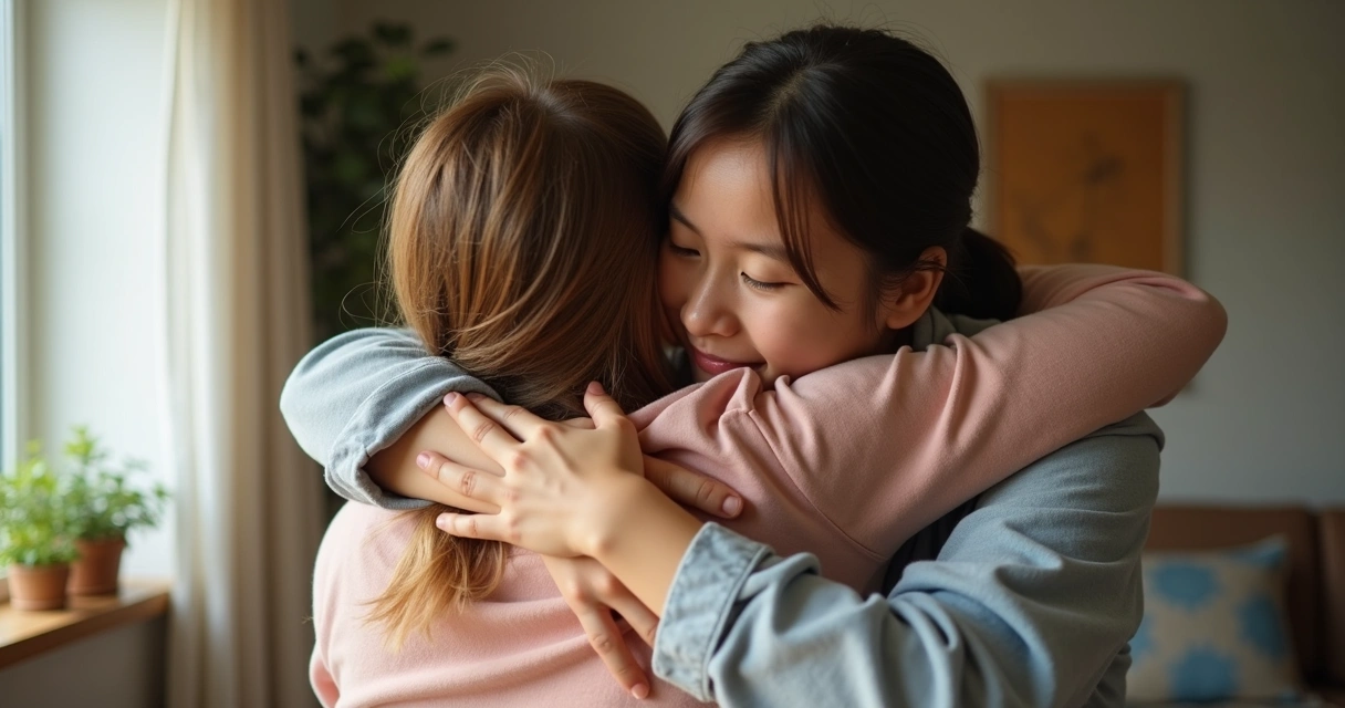 Familia abrazada en casa, mostrando apoyo y unión mutua 